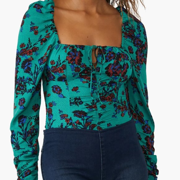 Free People Hilary Printed Top NWT Large Green - Picture 1 of 6